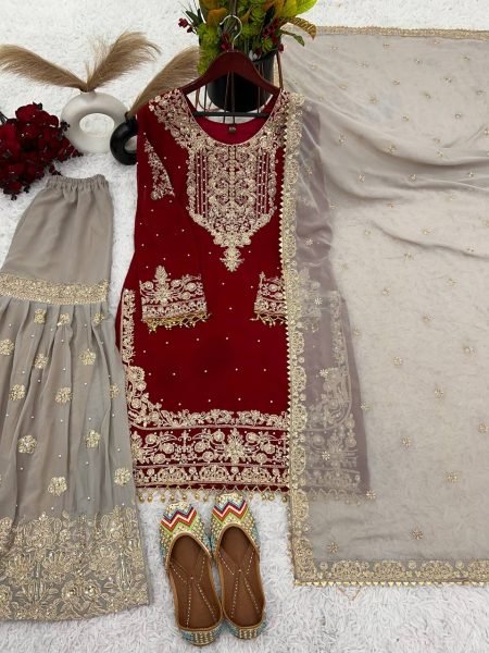 Radiant Red Palazzo Suit with Moti Detailing Perfect for Wedding Celebrations Ready To Wear Collection