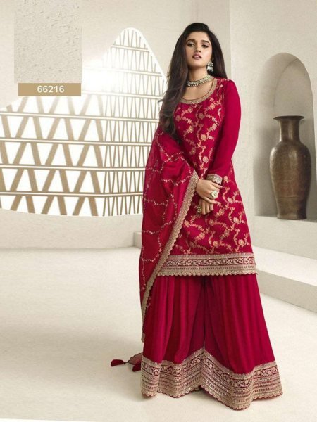 Radiant Red Silk Suit Fully Stitched Palazzo Set for Celebrations