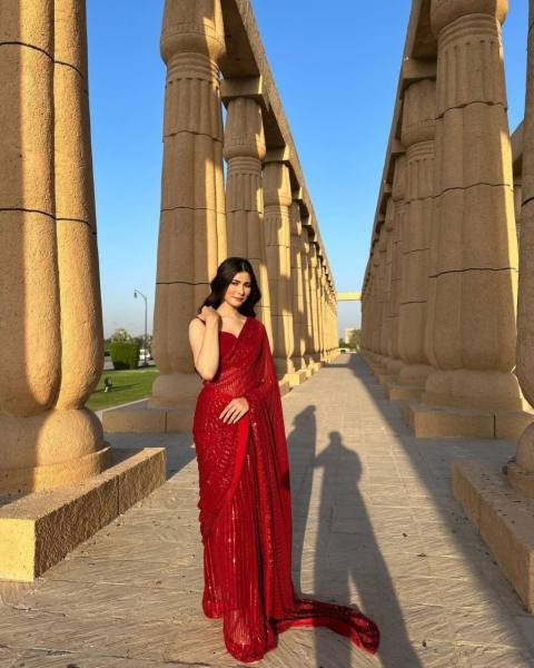 Radiant Red Soft Georgette Saree with Heavy Sequence Work For Partywear Bollywood Fancy Sarees Wholesale