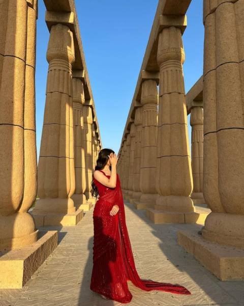 Radiant Red Soft Georgette Saree with Heavy Sequence Work For Partywear Bollywood Fancy Sarees Wholesale