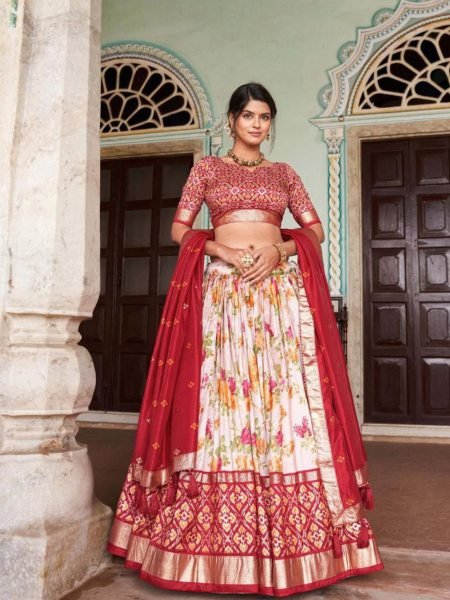 Radiant Red Tussar Silk Navratri Lehenga Floral Patola Fusion with Foil Detailing  Lehenga