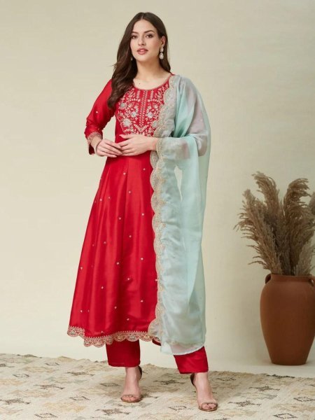 Radiant Red Vichhitra Silk Anarkali Kurti Set with Embroidery Dupatta Perfect for Parties 