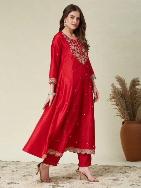 Radiant Red Vichhitra Silk Anarkali Kurti Set with Embroidery Dupatta Perfect for Parties Anarkali Kurtis 