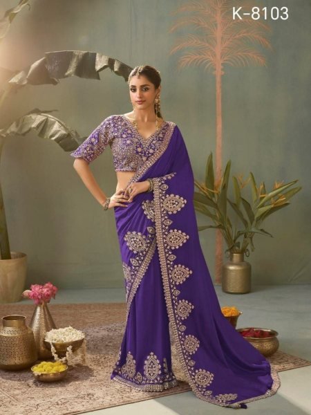 Radiant Royal Purple Wedding Special Embroidered Silk Saree with Designer Blouse Sarees 