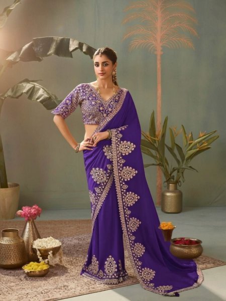 Radiant Royal Purple Wedding Special Embroidered Silk Saree with Designer Blouse Sarees 