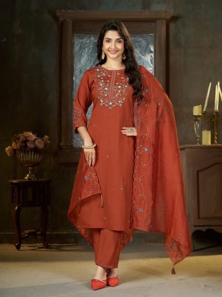 Radiant Rust Mal Chanderi Anarkali Suit with Golden Hand Work Yoke at Manufacturer Rate Kurtis