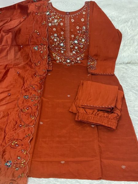 Radiant Rust Mal Chanderi Anarkali Suit with Golden Hand Work Yoke at Manufacturer Rate Embroidery Kurtis 