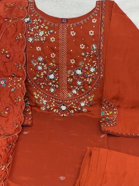 Radiant Rust Mal Chanderi Anarkali Suit with Golden Hand Work Yoke at Manufacturer Rate Embroidery Kurtis 