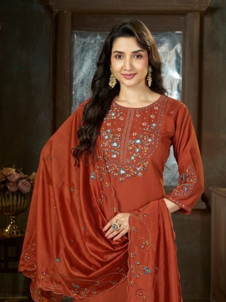 Radiant Rust Mal Chanderi Anarkali Suit with Golden Hand Work Yoke at Manufacturer Rate Embroidery Kurtis 