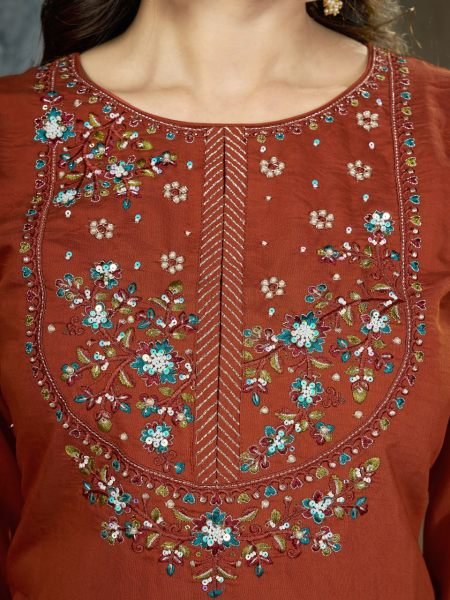 Radiant Rust Mal Chanderi Anarkali Suit with Golden Hand Work Yoke at Manufacturer Rate Embroidery Kurtis 