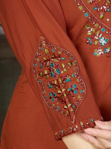 Radiant Rust Mal Chanderi Anarkali Suit with Golden Hand Work Yoke at Manufacturer Rate Embroidery Kurtis 