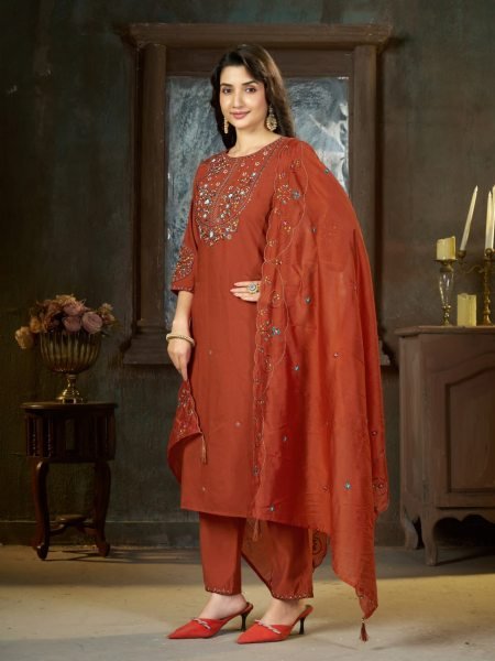 Radiant Rust Mal Chanderi Anarkali Suit with Golden Hand Work Yoke at Manufacturer Rate Embroidery Kurtis 