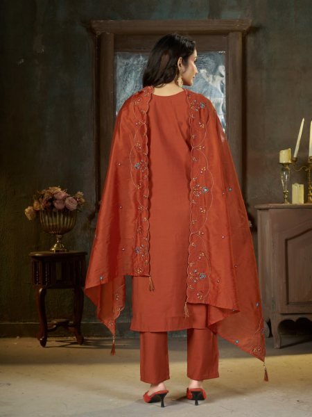 Radiant Rust Mal Chanderi Anarkali Suit with Golden Hand Work Yoke at Manufacturer Rate Embroidery Kurtis 