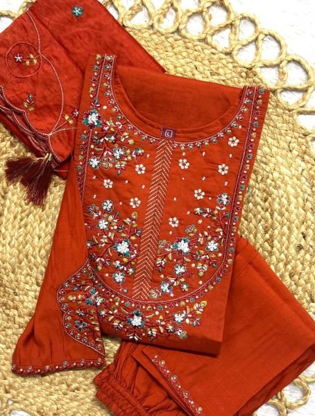 Radiant Rust Mal Chanderi Anarkali Suit with Golden Hand Work Yoke at Manufacturer Rate Embroidery Kurtis 
