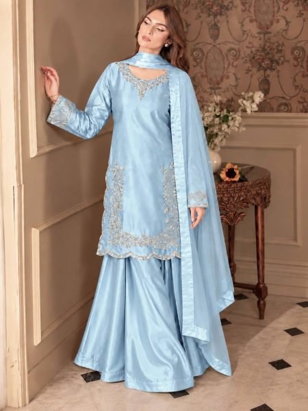 Radiant Sky Blue Devsena Silk Plazzo Set with Soft Kundan Organza Dupatta 