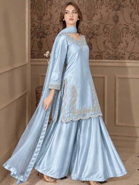 Radiant Sky Blue Devsena Silk Plazzo Set with Soft Kundan Organza Dupatta Ready To Wear Collection