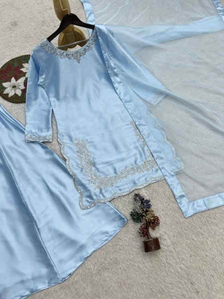 Radiant Sky Blue Devsena Silk Plazzo Set with Soft Kundan Organza Dupatta Ready To Wear Collection
