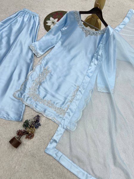 Radiant Sky Blue Devsena Silk Plazzo Set with Soft Kundan Organza Dupatta Ready To Wear Collection