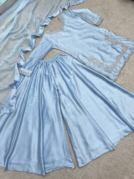 Radiant Sky Blue Devsena Silk Plazzo Set with Soft Kundan Organza Dupatta Ready To Wear Collection