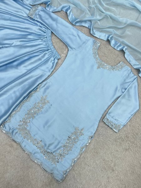 Radiant Sky Blue Devsena Silk Plazzo Set with Soft Kundan Organza Dupatta Ready To Wear Collection