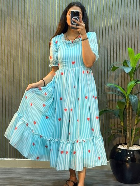Radiant Sky Blue Heart Print Midi Dress with Micro Cotton Lining for Summer Collection 