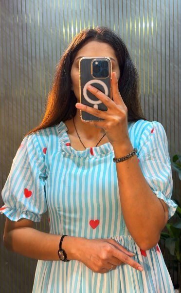 Radiant Sky Blue Heart Print Midi Dress with Micro Cotton Lining for Summer Collection Western Ladies Top Wholesale