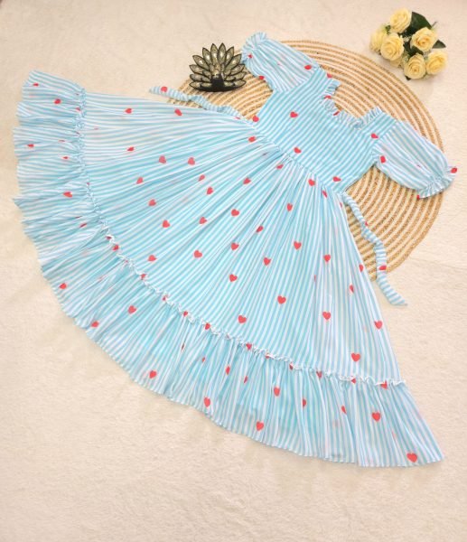 Radiant Sky Blue Heart Print Midi Dress with Micro Cotton Lining for Summer Collection Western Ladies Top Wholesale