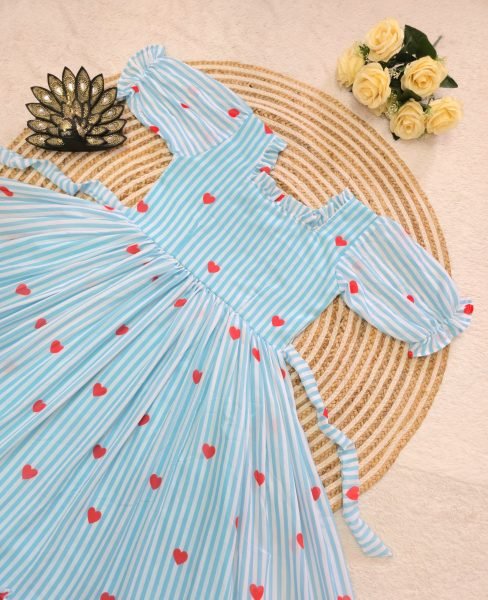 Radiant Sky Blue Heart Print Midi Dress with Micro Cotton Lining for Summer Collection Western Ladies Top Wholesale