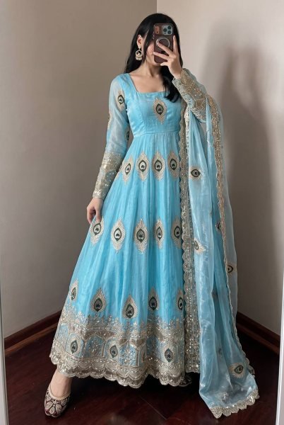 Radiant Sky Blue Party Wear Fandy Silk Gown with Pant and Embroidered Dupatta Ready To Wear Collection