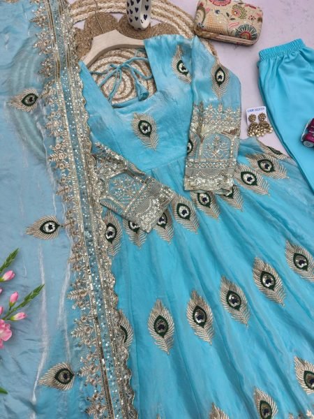 Radiant Sky Blue Party Wear Fandy Silk Gown with Pant and Embroidered Dupatta Ready To Wear Collection