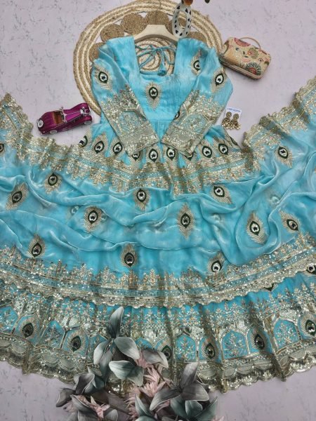 Radiant Sky Blue Party Wear Fandy Silk Gown with Pant and Embroidered Dupatta Ready To Wear Collection