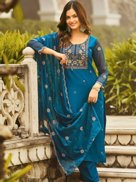 Radiant Teal Blue Women's Rayon Embroidered Suit with Pant and Dupatta For Best Price Kurtis
