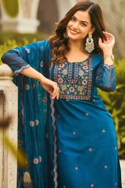 Radiant Teal Blue Women's Rayon Embroidered Suit with Pant and Dupatta For Best Price Embroidery Kurtis 