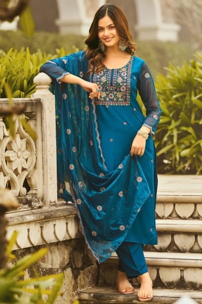 Radiant Teal Blue Women's Rayon Embroidered Suit with Pant and Dupatta For Best Price Embroidery Kurtis 