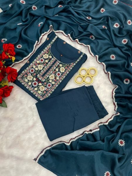 Radiant Teal Blue Women's Rayon Embroidered Suit with Pant and Dupatta For Best Price Embroidery Kurtis 