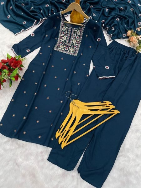 Radiant Teal Blue Women's Rayon Embroidered Suit with Pant and Dupatta For Best Price Embroidery Kurtis 