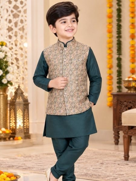 Radiant Teal Color Silk Kurta Pyjama with Heavy Jacquard Koti for Kids 