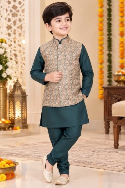 Radiant Teal Color Silk Kurta Pyjama with Heavy Jacquard Koti for Kids Boys Wear
