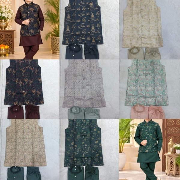 Radiant Teal Color Silk Kurta Pyjama with Heavy Jacquard Koti for Kids Boys Wear