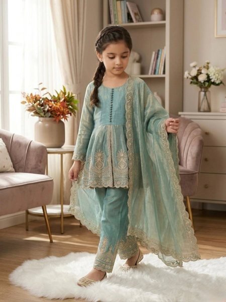 Radiant Teal Green Kids Fendy Silk Palazzo Set with Sequins Work for Festive Wear Kurtis