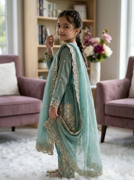 Radiant Teal Green Kids Fendy Silk Palazzo Set with Sequins Work for Festive Wear Girls Wear