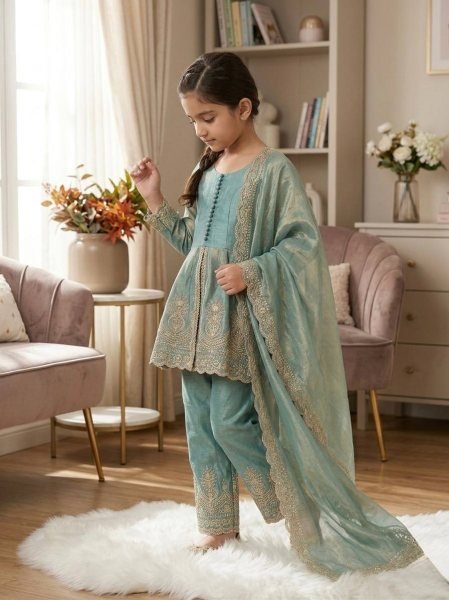 Radiant Teal Green Kids Fendy Silk Palazzo Set with Sequins Work for Festive Wear Girls Wear