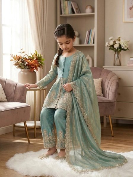 Radiant Teal Green Kids Fendy Silk Palazzo Set with Sequins Work for Festive Wear Girls Wear
