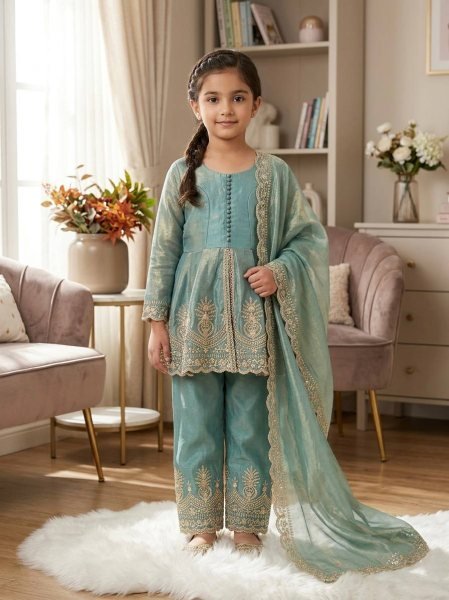 Radiant Teal Green Kids Fendy Silk Palazzo Set with Sequins Work for Festive Wear Girls Wear