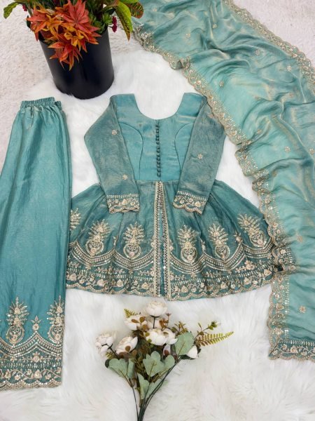 Radiant Teal Green Kids Fendy Silk Palazzo Set with Sequins Work for Festive Wear Girls Wear