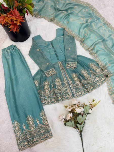 Radiant Teal Green Kids Fendy Silk Palazzo Set with Sequins Work for Festive Wear Girls Wear