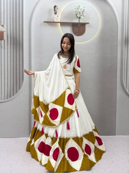 Radiant White Designer Navratri Pure Cotton Lehenga Choli with Gota Patti Lace and Dupatta  Lehenga