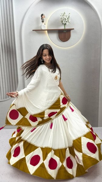 Radiant White Designer Navratri Pure Cotton Lehenga Choli with Gota Patti Lace and Dupatta Navratri Lehnega Choli