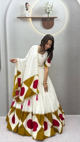 Radiant White Designer Navratri Pure Cotton Lehenga Choli with Gota Patti Lace and Dupatta Navratri Lehnega Choli