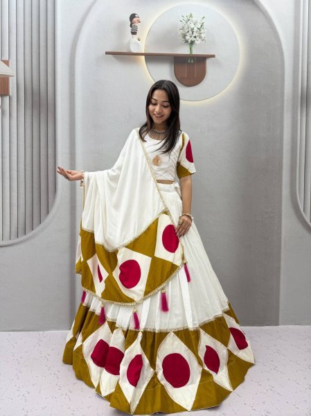 Radiant White Designer Navratri Pure Cotton Lehenga Choli with Gota Patti Lace and Dupatta Navratri Lehnega Choli